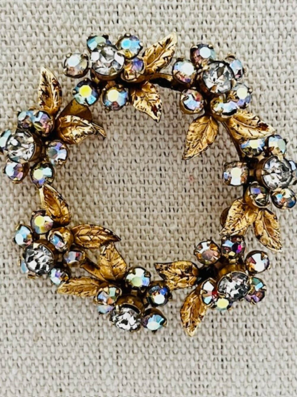 Vintage Floral Wreath Brooch Pin Rhinestone Flowers Gold Tone Leaves